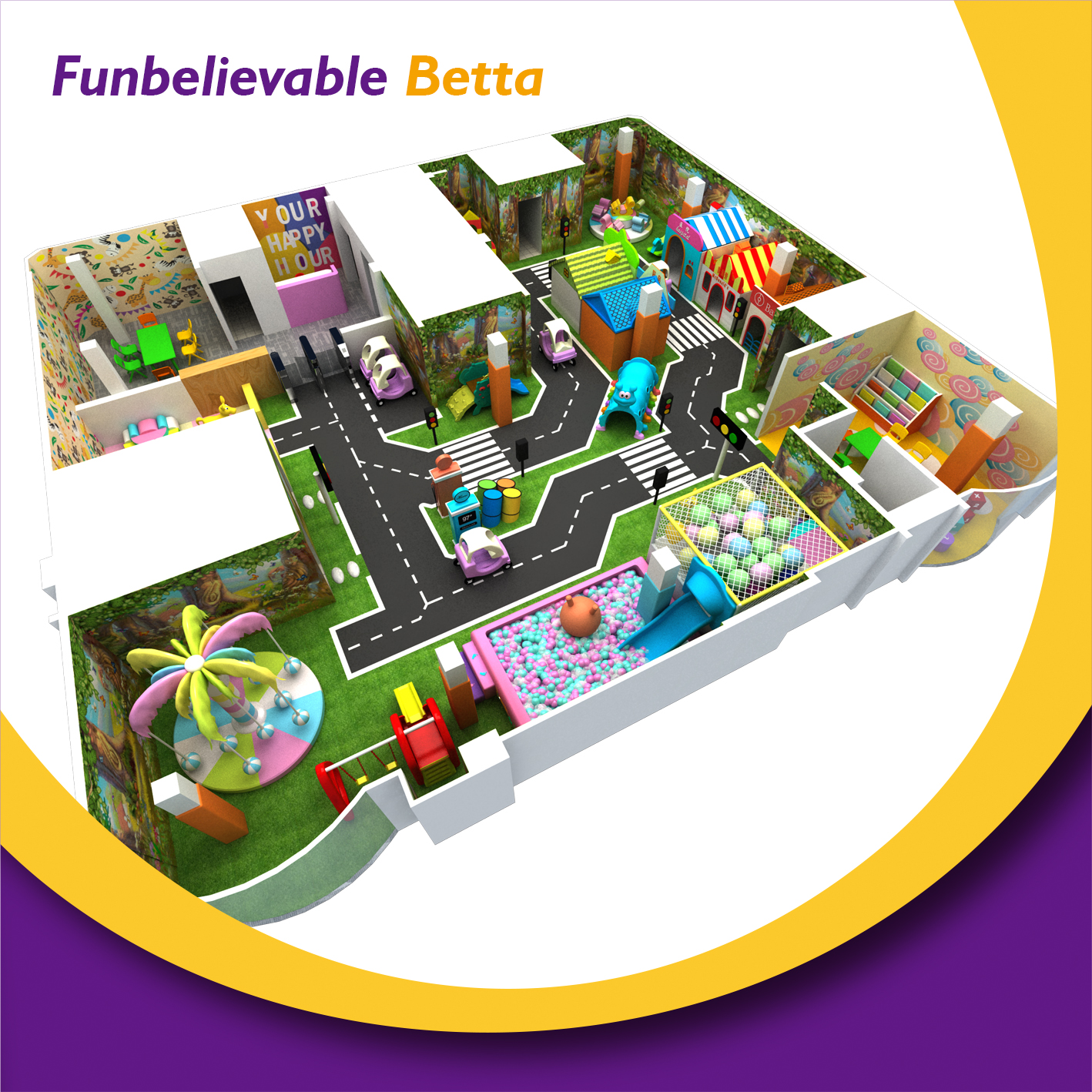 Bettaplay kids indoor soft playground equipment small indoor area trampoline with merry go round
