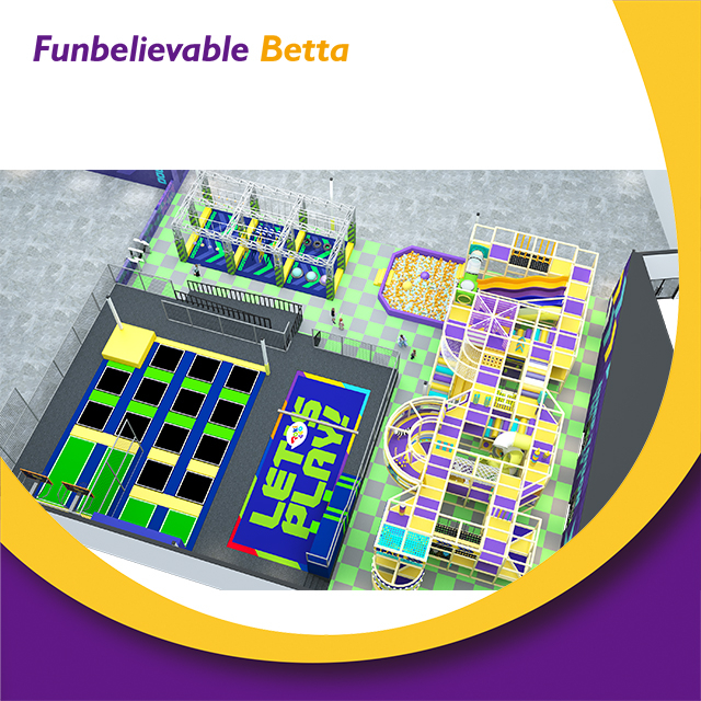 Bettaplay, parque deportivo cubierto personalizado de 1600 metros cuadrados, trampol&iacute;n de salto, curso Ninja tem&aacute;tico azul y verde para todas las edades
