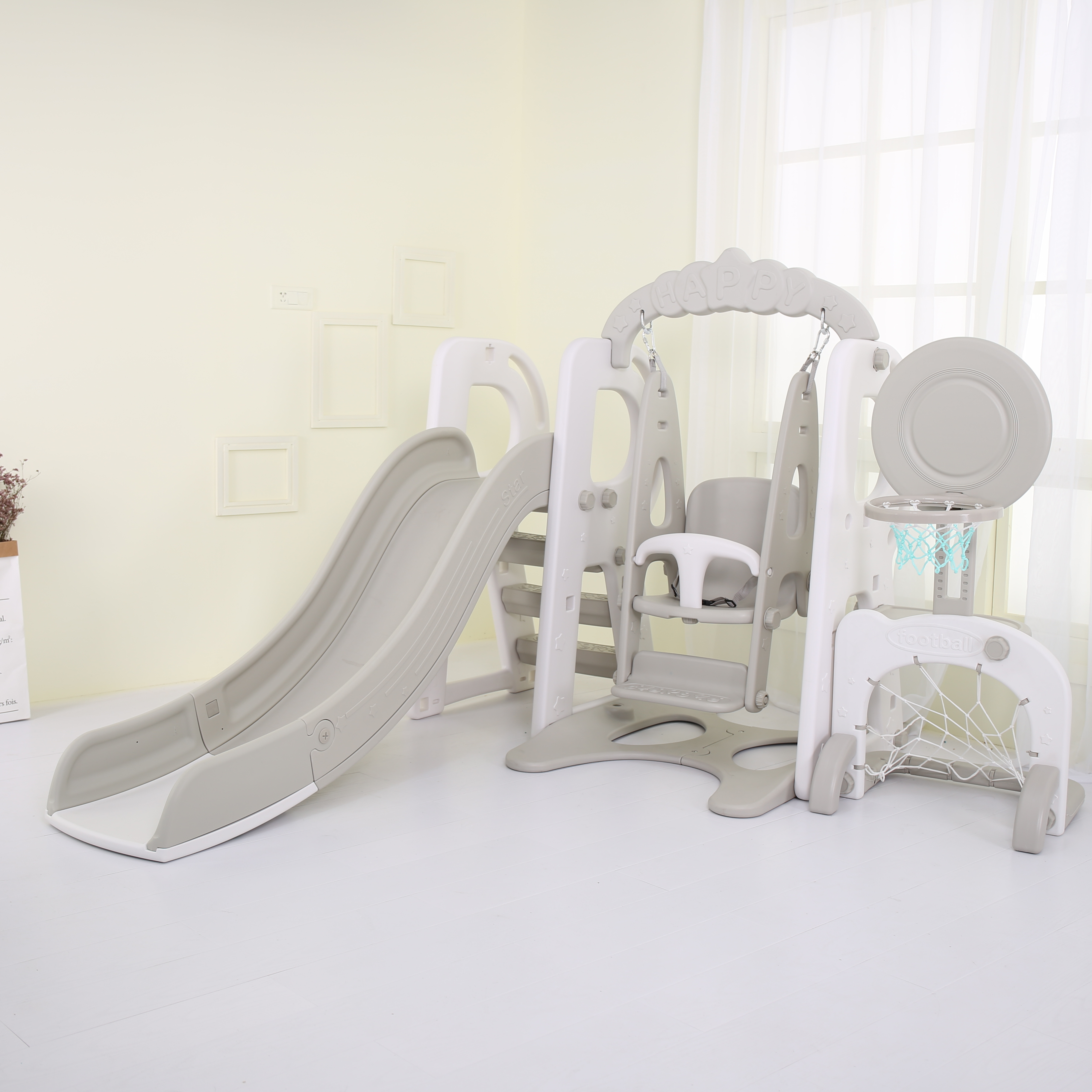 Bettaplay Best Quality 5-in-1 Plastic Combination with Swing/Slide/Rocking Horse/Music Player/Basketball Stands Ooudoor and Indoor Playground Equipment