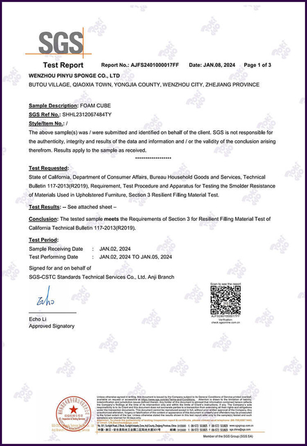 Отчет об испытаниях огнестойкости губки - Pin Yu