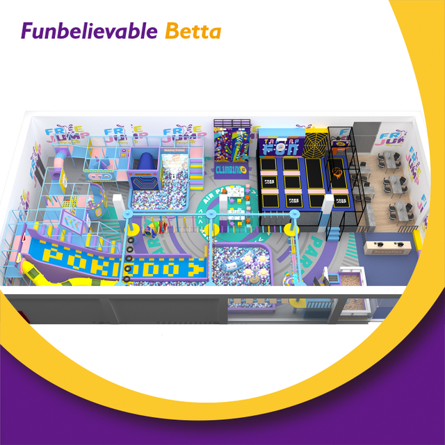 Bettaplay 512 SQM Purple Bule Theme Free ترامبولين بارك معدات تسلية الشريحة الطويلة للمتعة
