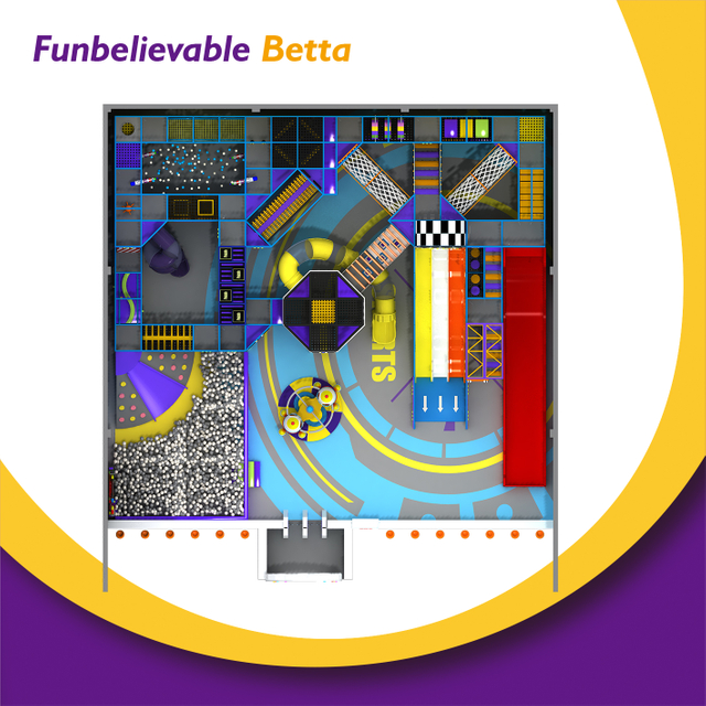 BETTAPLAY 1720 متر مربع منطقة الترفيه للأطفال مع دمج ثلاث شرائح حبل الشبكة و SLIDES CARTLE